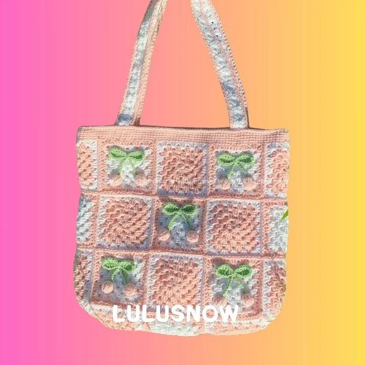 Lulusnow Handmade Pink White 3D Cheery Granny Square Crochet Tote Bag Shoulder Bag  Gift Christmas/Valentine's/Easter