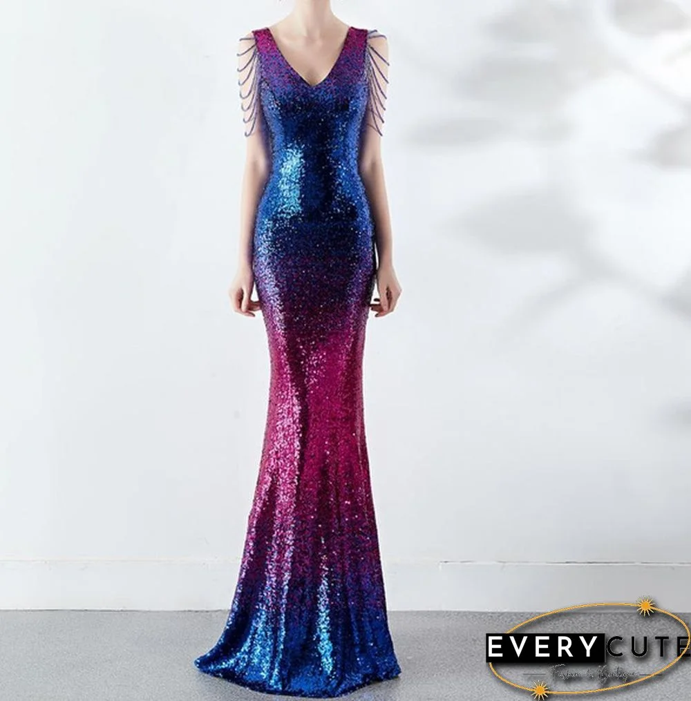 6 Colors Sexy Sequined Evening Party Gowns Women's Deep V Neck Floor-length Cocktail Dress Slim Mermaid Prom Dresses