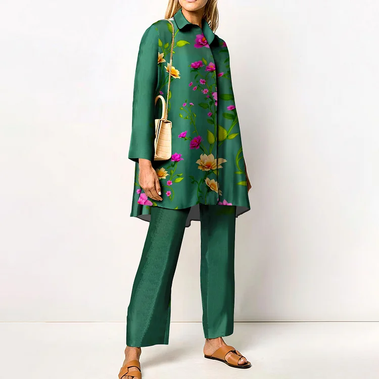 Fashion Flower Splice Elegant Style Long Sleeve Shirt Two Piece Set