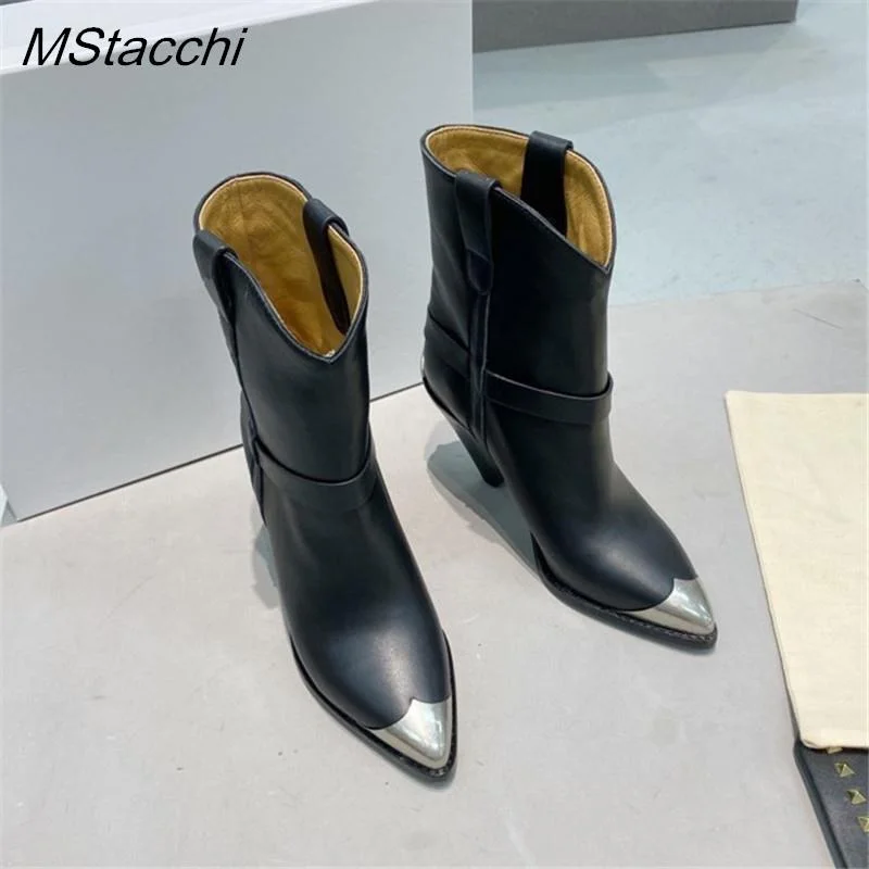 Metal Toe Women's Knight Boots Elegant Genuine Suede Leather Short Boots Ladies Strange Heel Shoes Women Slip-on Mid-calf Boots