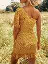 Yellow Floral Oblique Shoulder Sexy Mini Dress