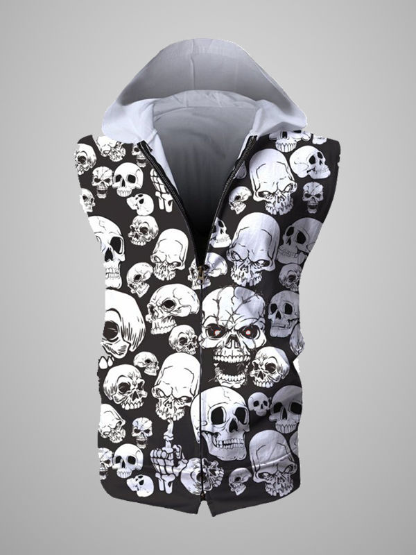 Goth Skull Graphic Printed Zipper Sleeveless Hoodie