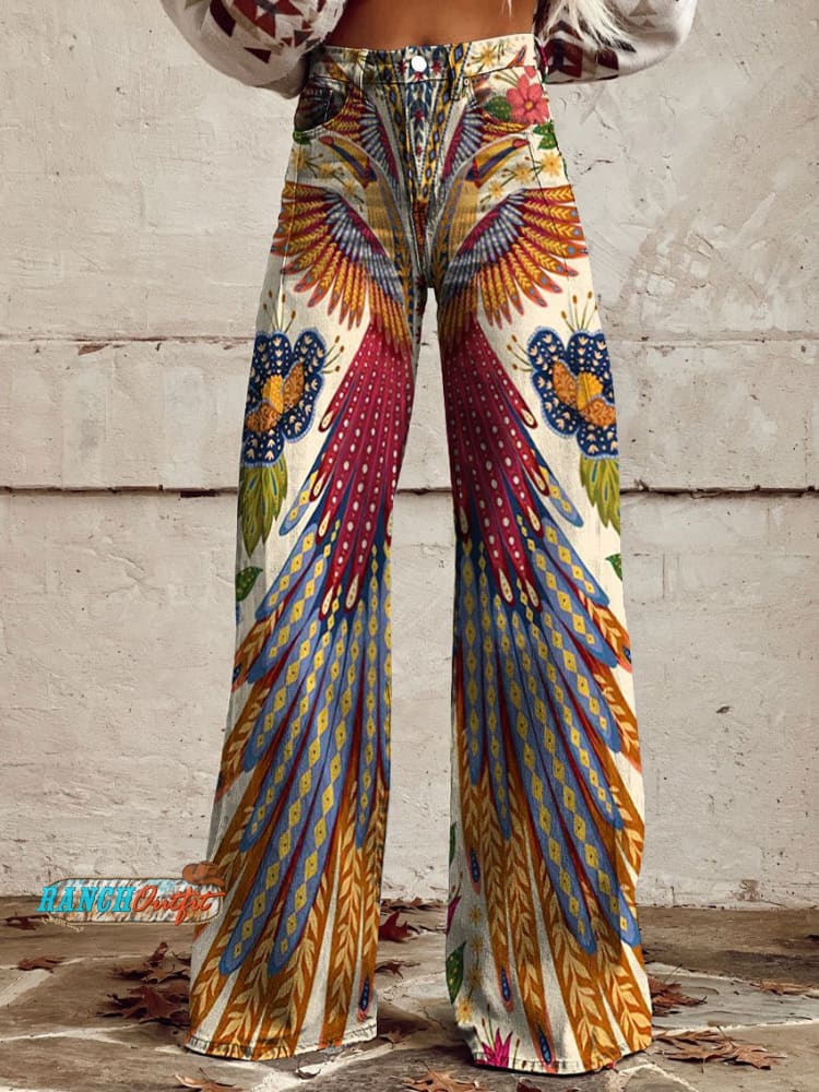 Women’s Vintage Tucano Farm Print Casual Wide Leg Pants Multicolor / S