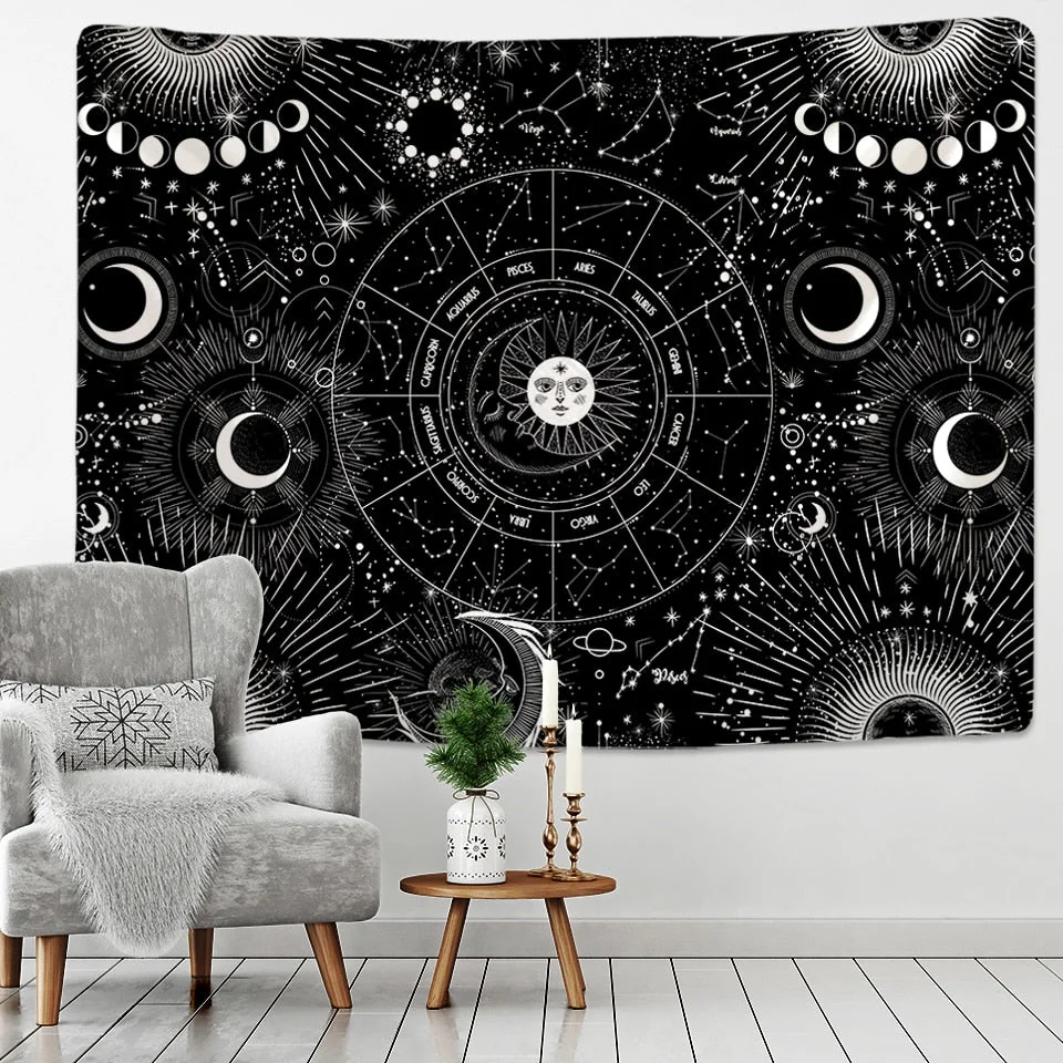 White Black Sun Moon Mandala Starry Sky Tapestry Wall Hanging Bohemian Gypsy Psychedelic Tapiz Witchcraft Astrology Tapestry