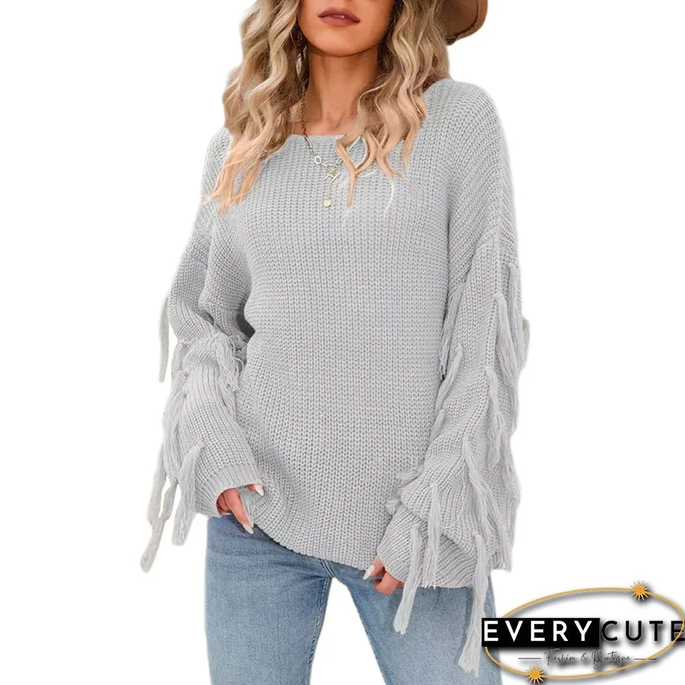 Gray Round Neck Tasseled Long Sleeve Loose Sweater