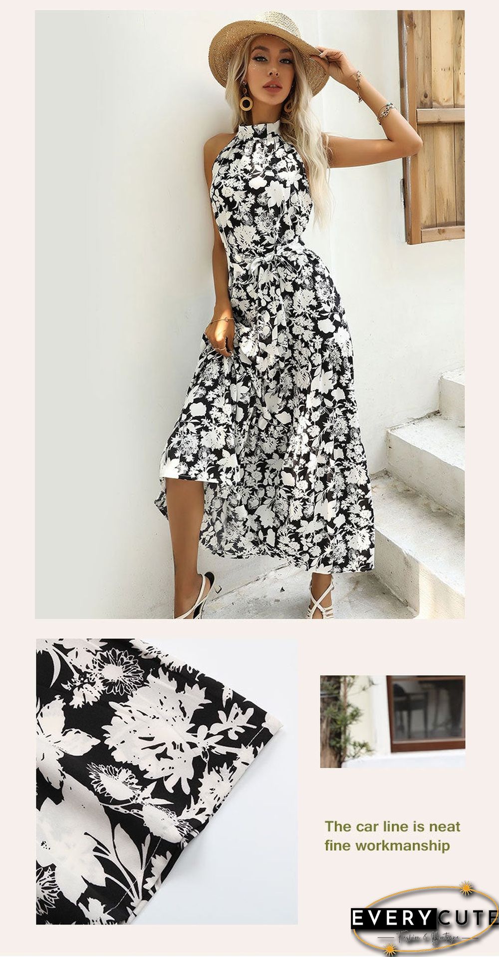 Summer New European and American Printed Open Neck Dress with Suspender