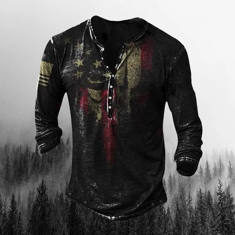 BrosWear American Flag Print Long Sleeve Henley Button T-Shirt 20540