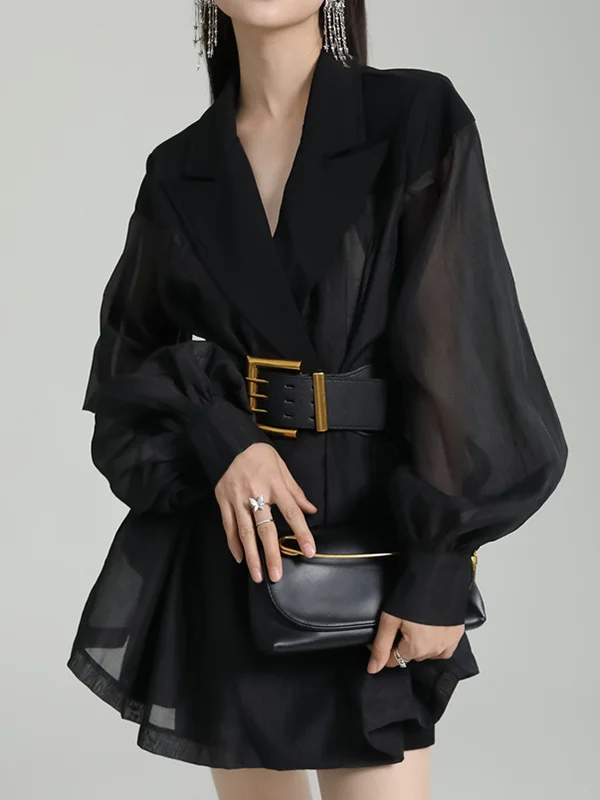 See-Through Belted Puff Sleeves Padded Lapel Blouses&shirts Tops
