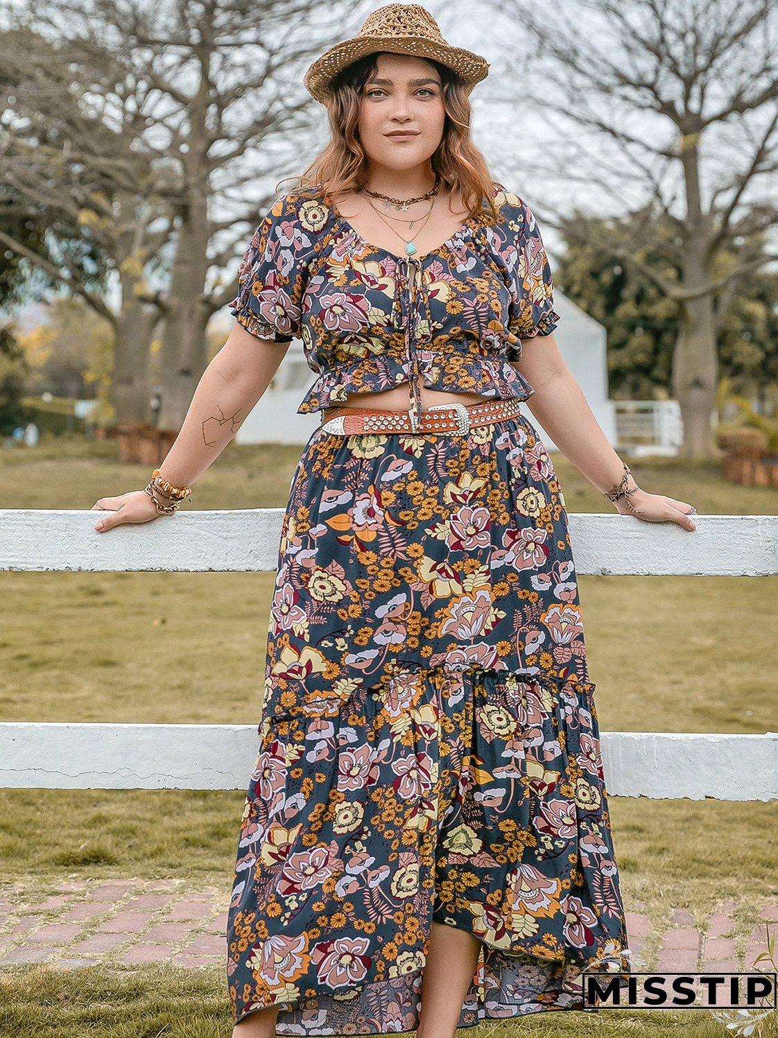 Plus Size Tie Neck Short Sleeve Top and Skirt Set