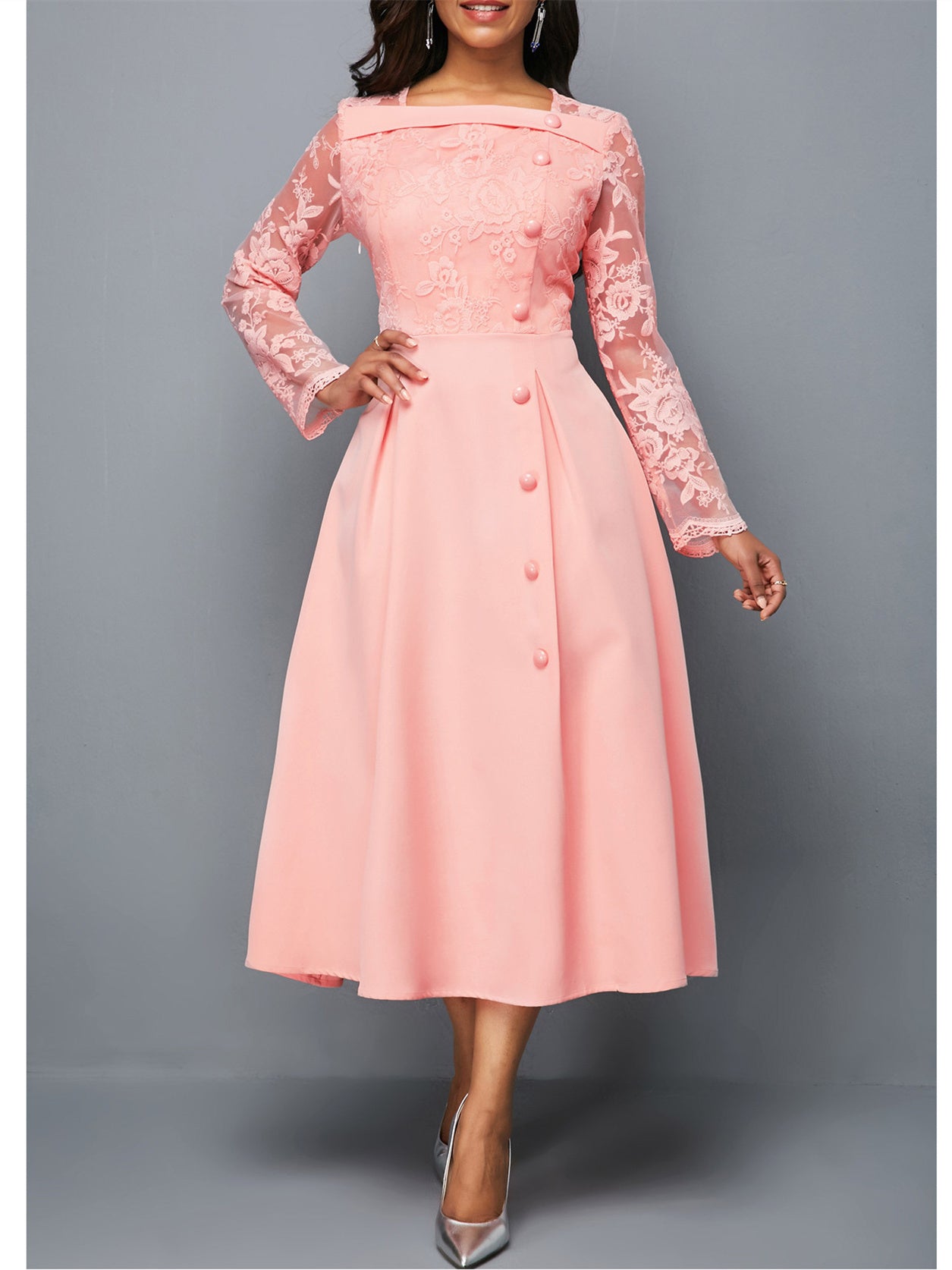 Women's Long Sleeve Square Collar Graphic Midi Dress