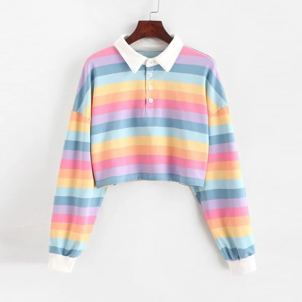 Rainbow Patchwork Button Turndown Hoodie Sweatshirt SP14674