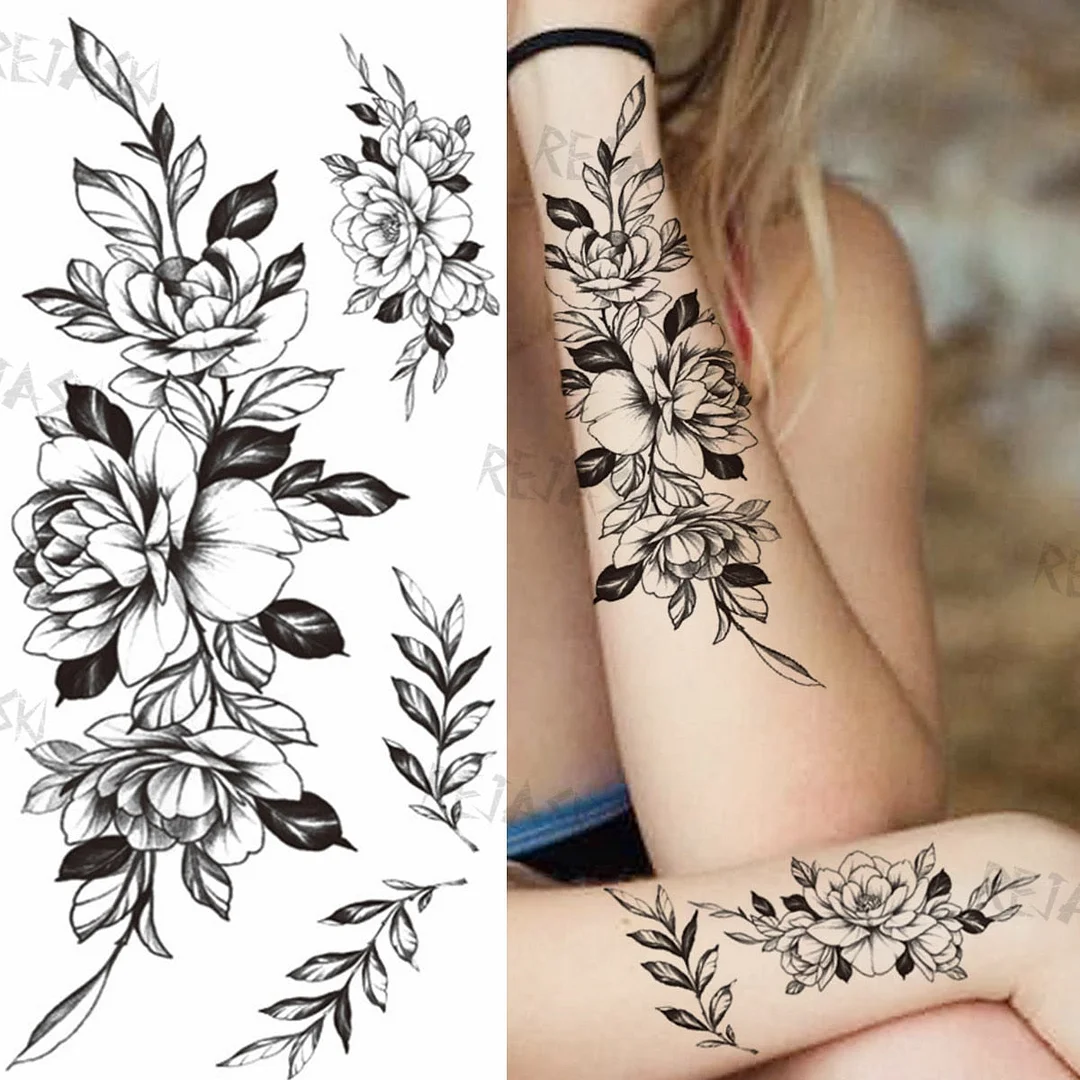 Sexy Snake Flower Fake Temporary Tattoo For Women Black Sunflower Tattoos Bloosom Big Daisy Camellia Water Transfer Tatoos Legs