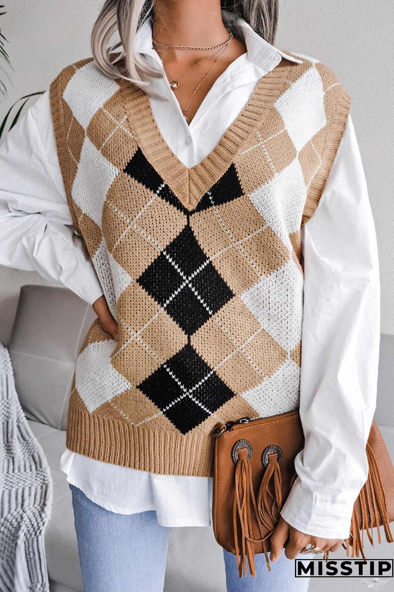 V Neck Checked Knit Tank Sweater