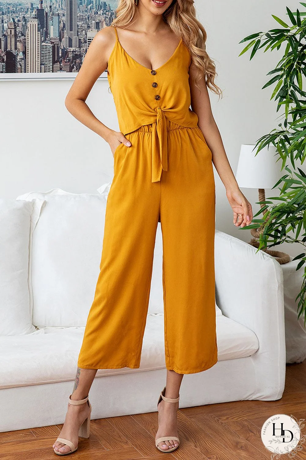 Fashion Street Solid Split Joint V Neck Loose Jumpsuits