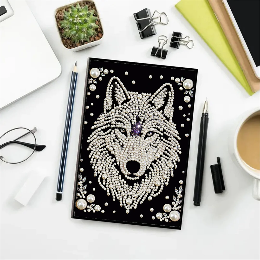 Wolves Partial Pearl DIY 50 Pages A5 Diamond Painting Notebook Special Shaped Diamond Art Diary Book Kits Wireless Strip 5D Crystal Art Paintings Sketchbook for Art Drawing
