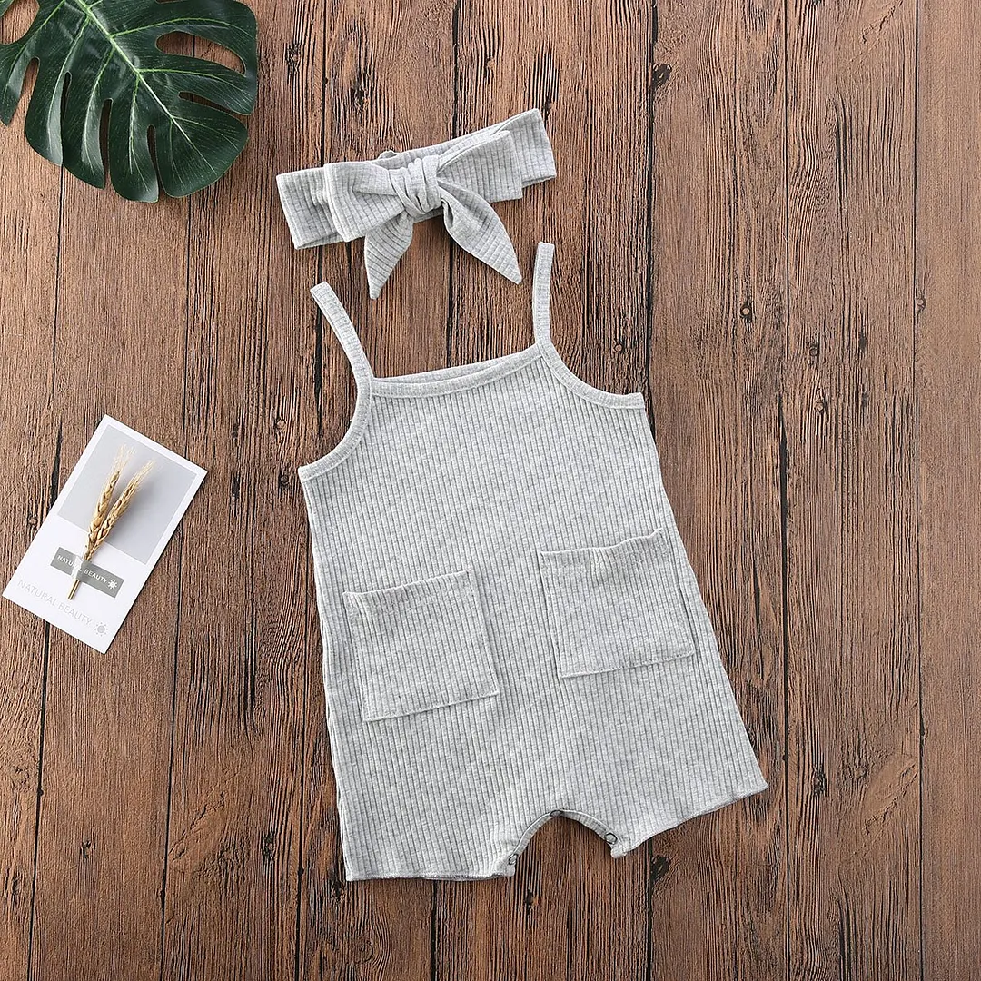 2020 Baby Summer Clothing Infant Newborn Baby Girls Boys Sleeveless Romper Ribbed Solid Pocket Jumpsuit With Headband