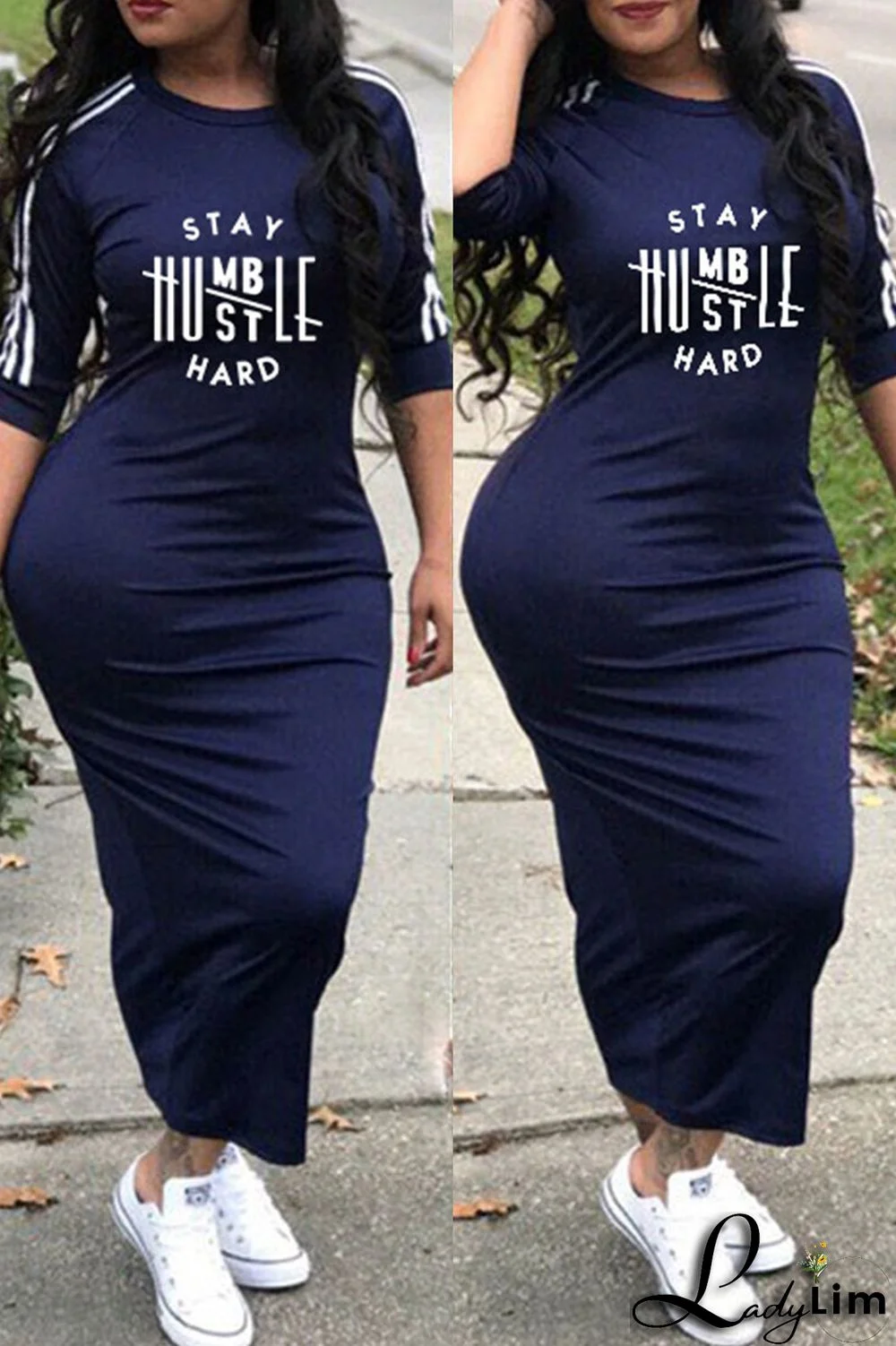 Deep Blue Fashion Casual Letter Print Split Joint O Neck Dresses