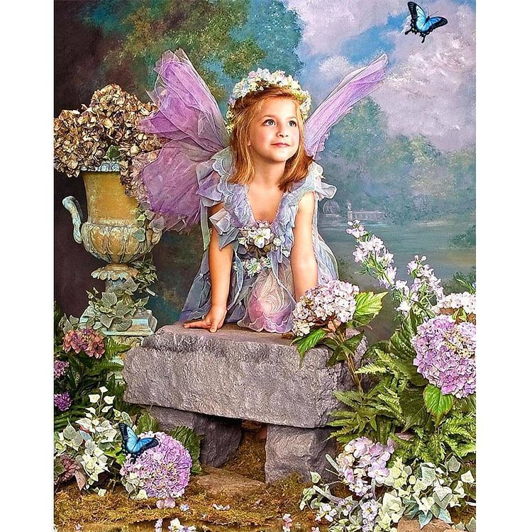 Angle Girl In Flowers - Diamant rond partiel - 30x25cm