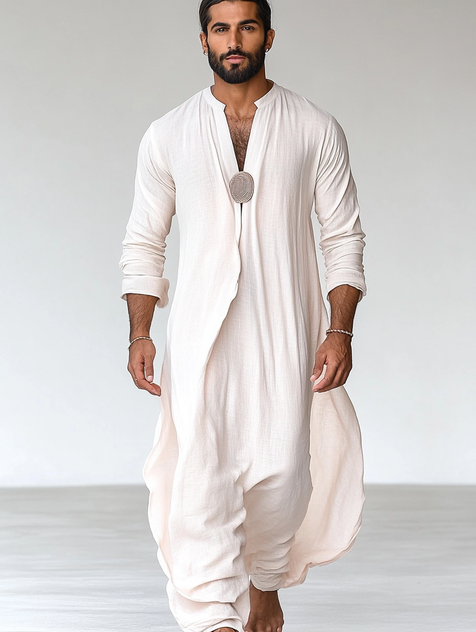 White Linen V-neck Kaftan