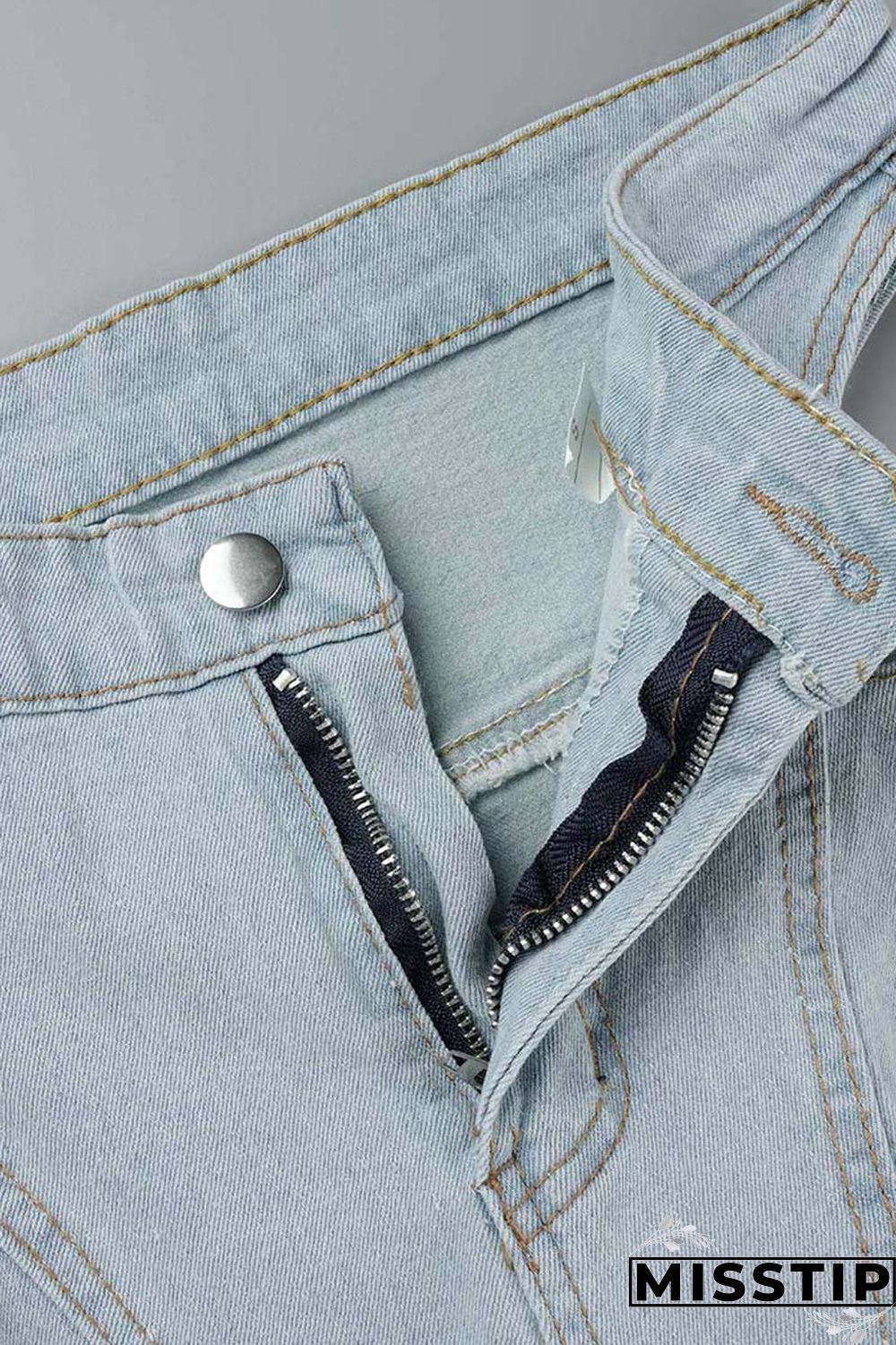 Light Blue Casual Solid Ripped Hollowed Out Frenulum Mid Waist Skinny Denim Jeans