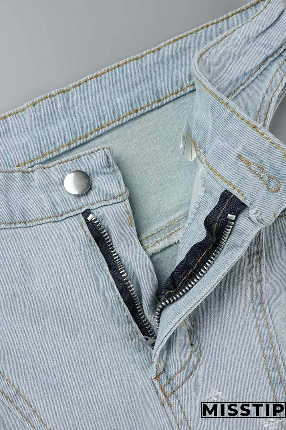 Light Blue Casual Solid Ripped Hollowed Out Frenulum Mid Waist Skinny Denim Jeans