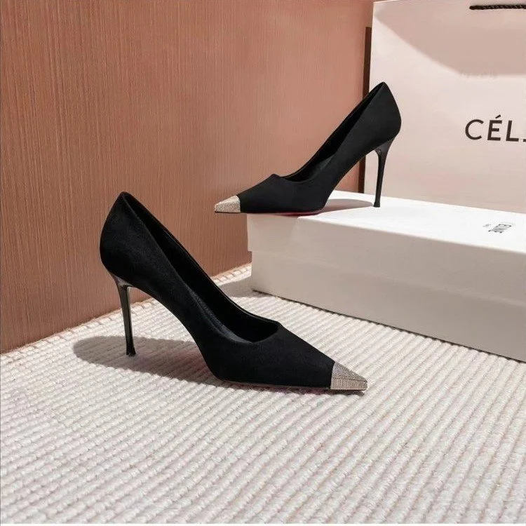 Uveng Uveng With Skirt Single Shoes Black Pointed High Heels Female Fine Heel 2024 Summer Season New Temperament Career