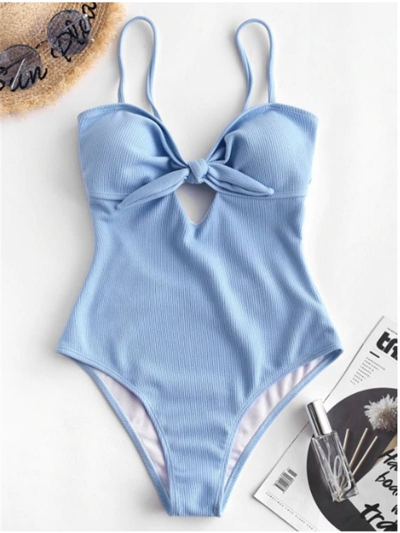 Sexy Swimsuit Women Front Tie Bow One Piece Bodysuit Push Up Monokini 2022 Halter Cross Bathing Suit Backless Swimwear Beachwear