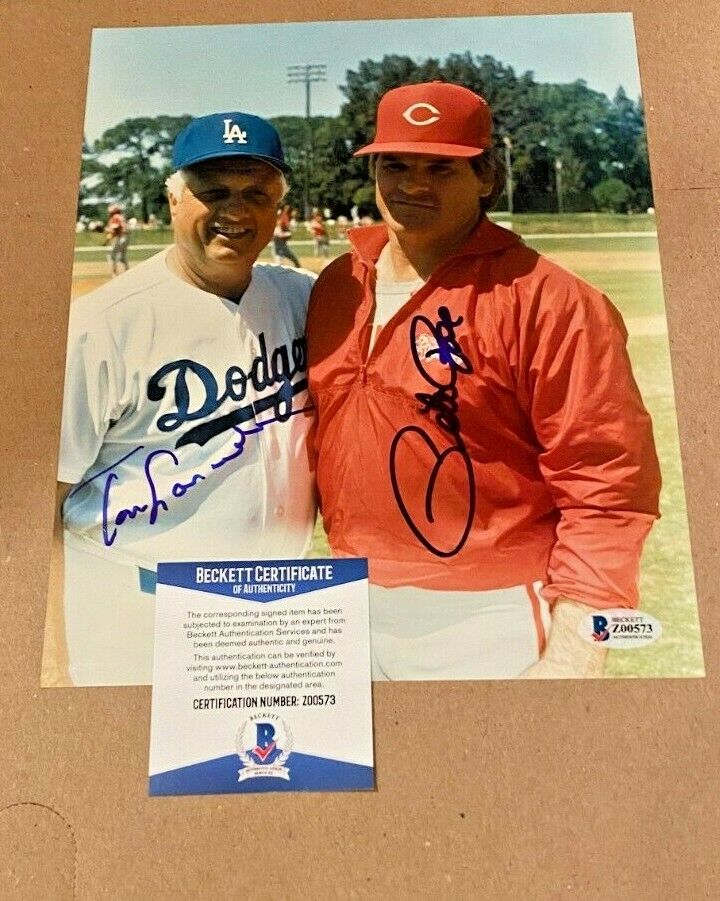 TOMMY LASORDA-PETE ROSE SIGNED 8X10 Photo Poster painting BECKETT CERTIFIED