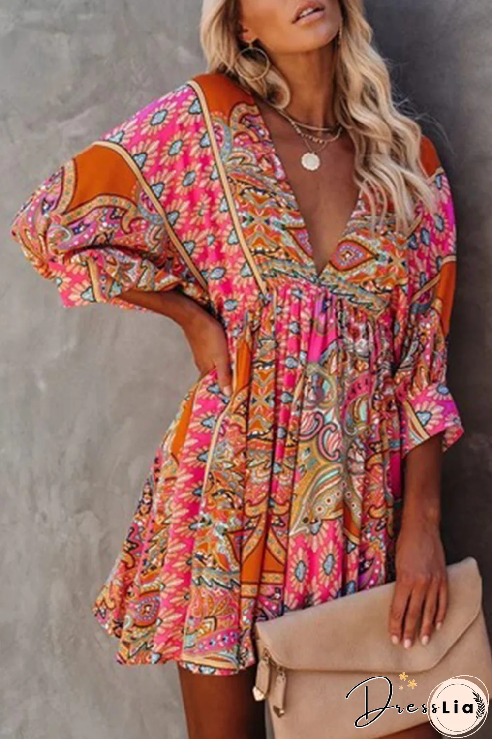 Fashion Elegant Print Frenulum Backless V Neck Dresses