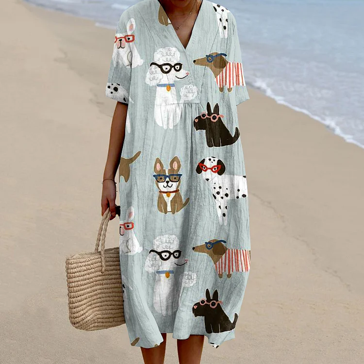 Women‘s Cute Dogs Art Print V Neck Midi Dress