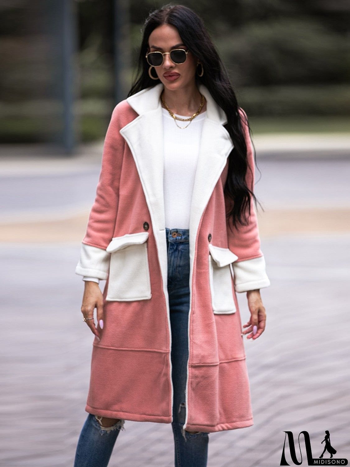 MidiSono - Contrast Lapel Collar Coat with Pockets