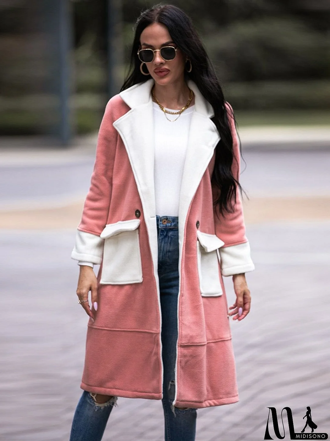 MidiSono - Contrast Lapel Collar Coat with Pockets
