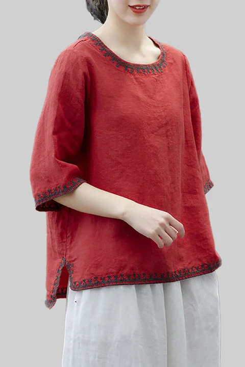 Half Sleeve Round Neck Embroidery Linen Top