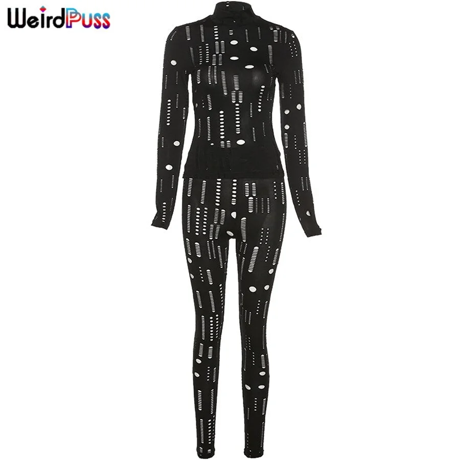 Weird Puss Irregular Hole Fall Trend Skinny Fitness Women Tracksuit Sexy Bodycon+Leggings Sporty 2 Piece Matching Set Outfits