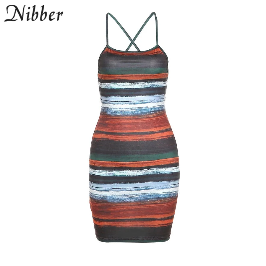 Nibber Y2k Striped Printed Sling Mini Dresses Women Sexy Skinny Slash Neck Backless Summer Vintage Midnight Clubwear Outfits