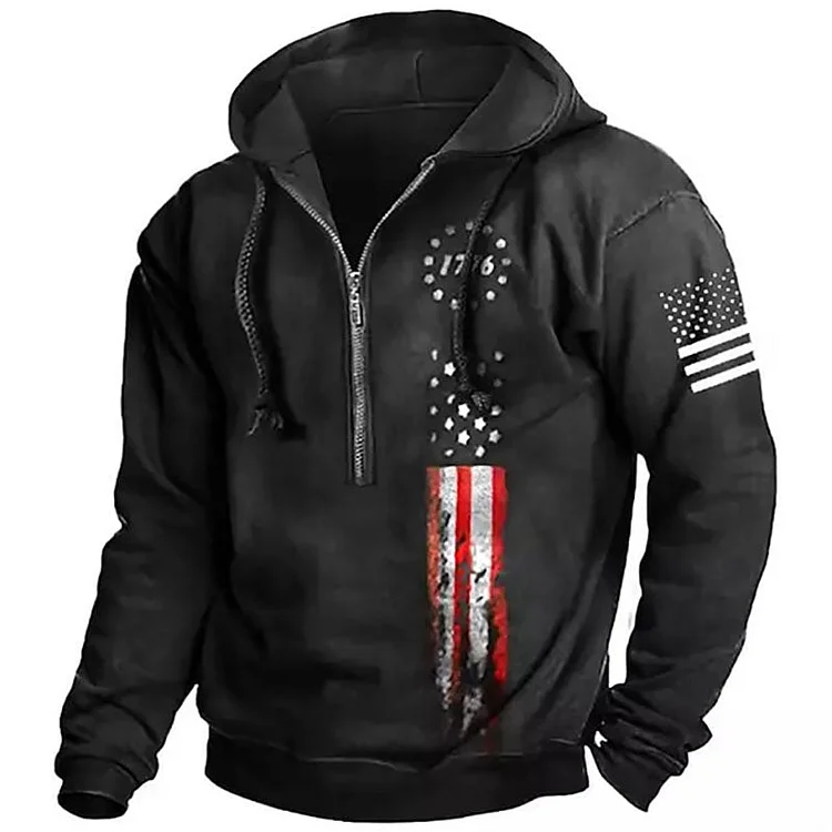 Mens Casual American Flag Print Half Zipper Hoodie Sweatshirt