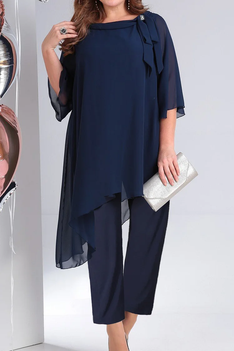 Flycurvy Plus Size Formal Navy Blue Chiffon Asymmetric Hem Two Piece Pant Suit  Flycurvy [product_label]