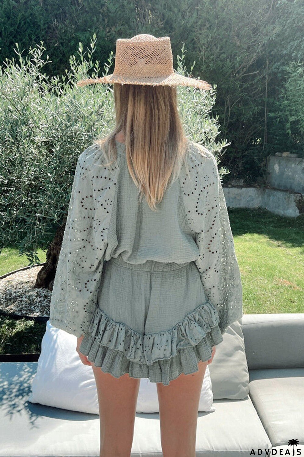 Green Eyelet Arm Ruffled and Shorts Raglan Top Set