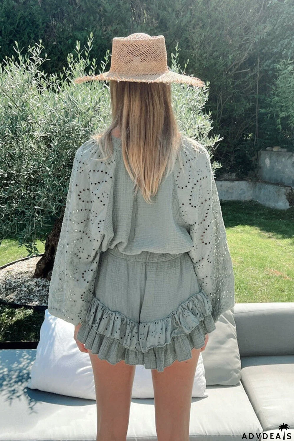 Green Eyelet Arm Ruffled and Shorts Raglan Top Set