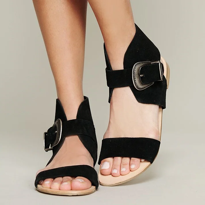 Black Vegan Suede Open Toe Buckle Strap Flat Sandals for Women |FSJ Shoes