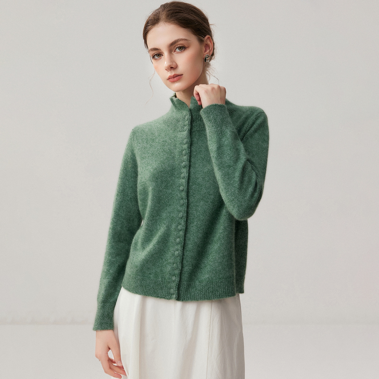 Women's Baby Cashmere Cardigan Regular Fit Covered-Button Mock Neck REAL SILK LIFE