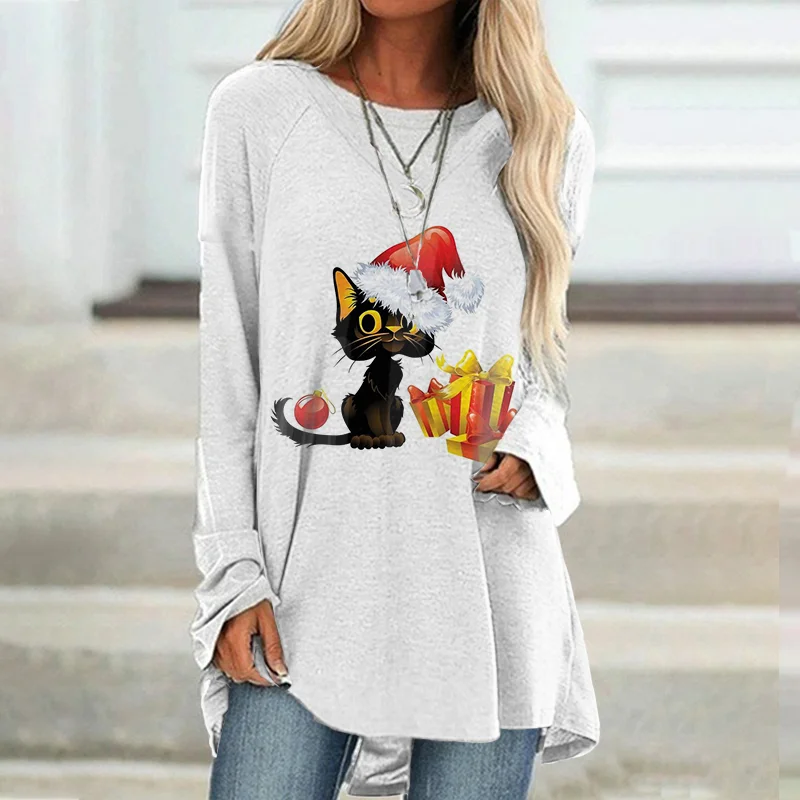 Simple Christmas Cat Print Long Sleeve Tunic