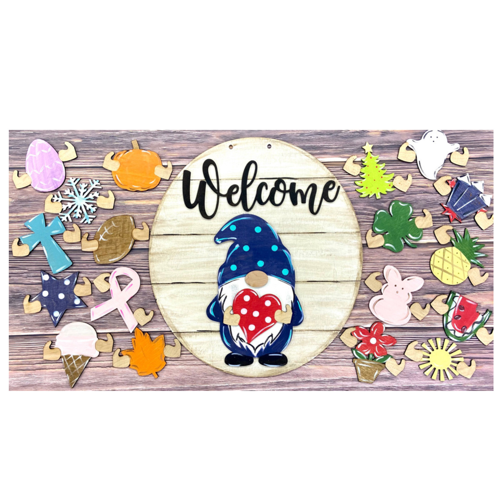

Gnome Welcome Sign with 19 Rounds Wood Front Door Interchangeable Hanger, 501 Original