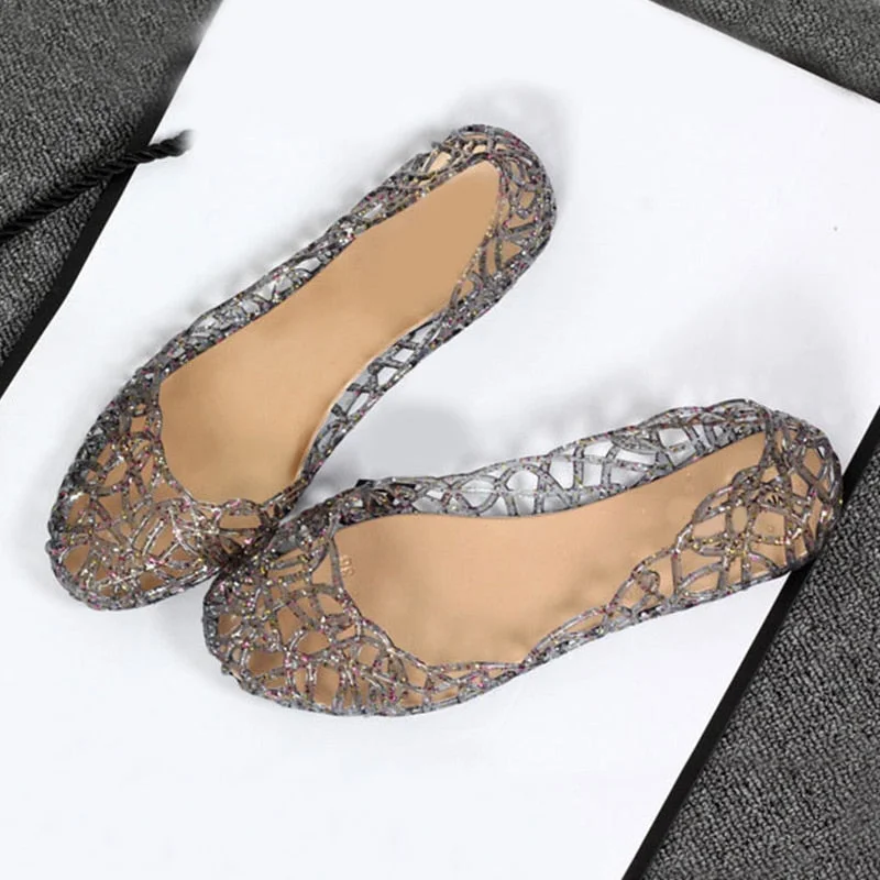 Women Bling Jelly Sandals Summer Flats Shoes New Casual Female Mesh Fashion Hollow Out Slip on Ladies Shoe Comfortable Footwear