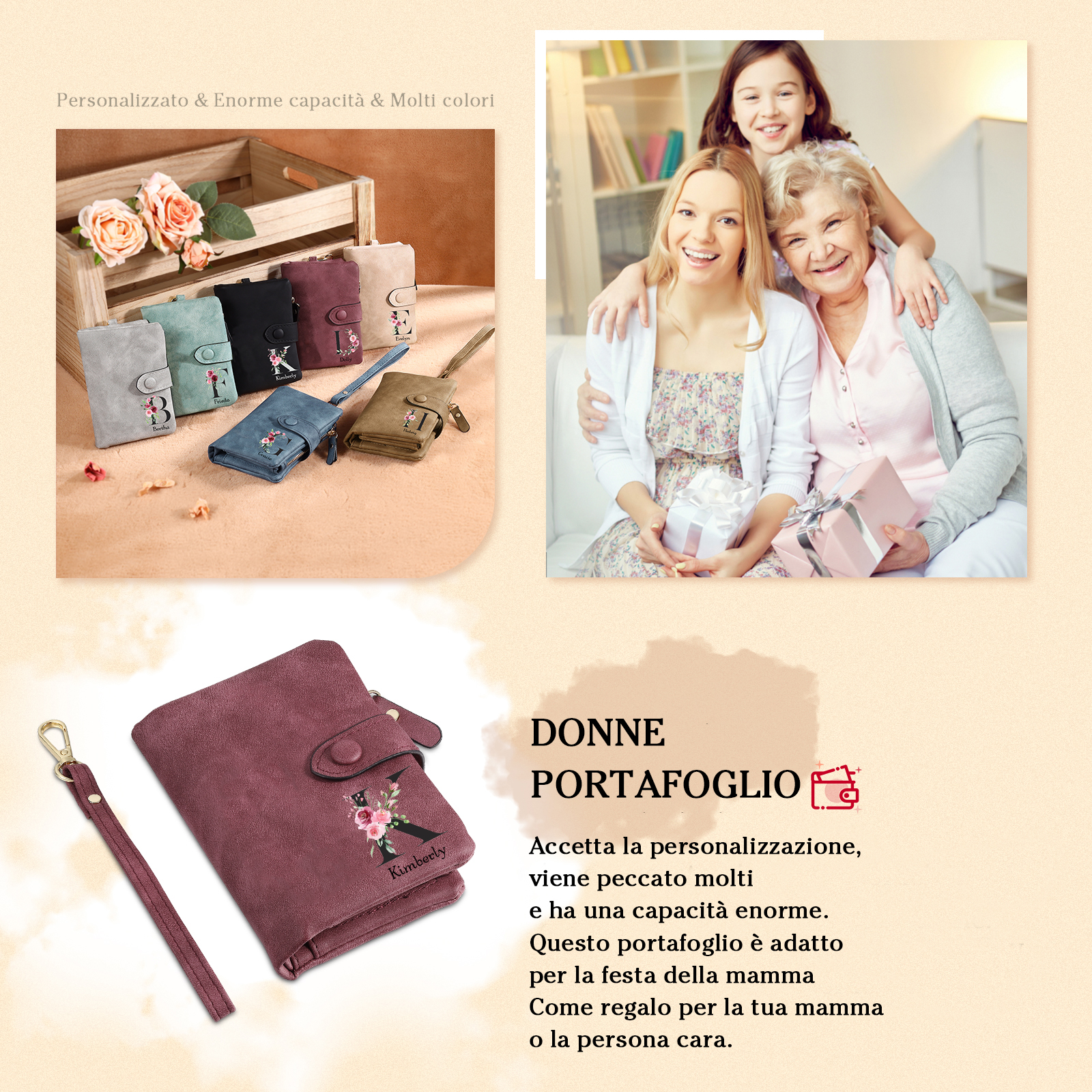 Portafoglio mano nella mano in PU pelle con 7 nomi & 1 testo & 1 lettera personalizzati per mamma