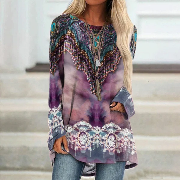 Wearshes Western Print Round Neck Long Sleeve Casual Tunic
