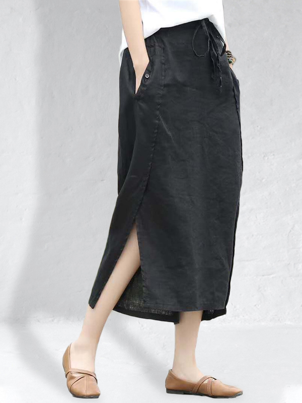 Linen Drawstring Waist Split Skirt wearshes