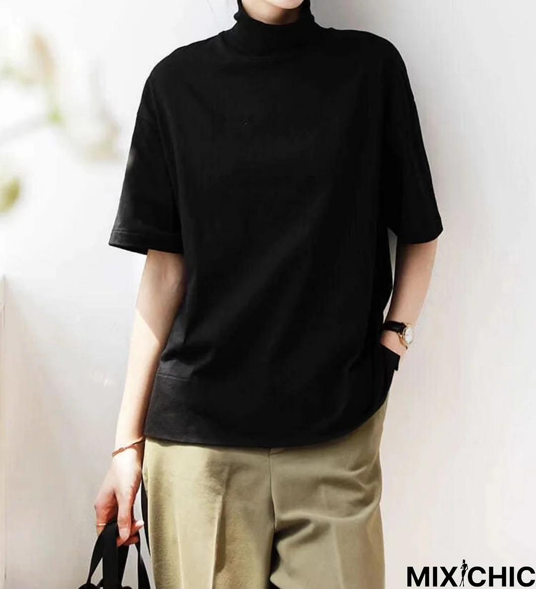 Casual Short Sleeve Turtleneck Solid Tops