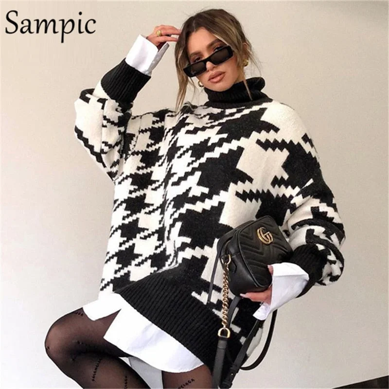Sampic 2020 Autumn Winter Turtleneck Long Sleeve Black Women Houndstooth Sweater Knitted Dress Party Sexy Mini Oversized Dress
