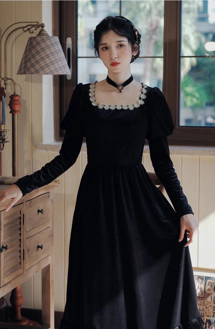 Retro Style Black Velvet Dress QueenFunky